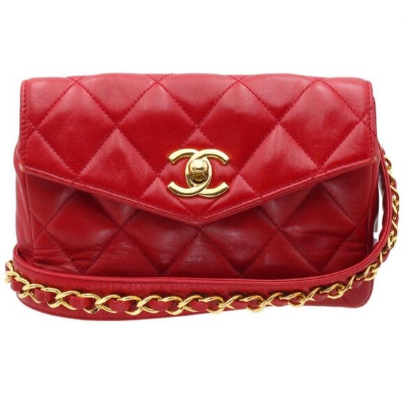 Authentic CHANEL CC Vintage Matelasse Lambskin Waist Pouch Bum Bag Leather Red